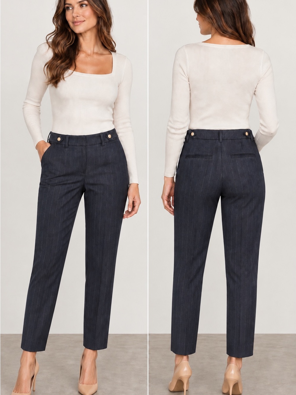 White House Black Market Navy Pinstripe Button-Detail Trousers